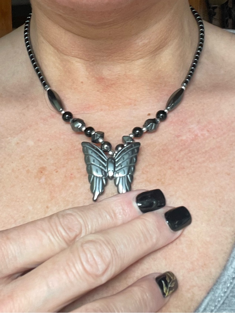 Carved Hematite Butterfly Pendant Statement Necklace - Picture 3 of 10